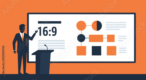 Businessman presenting a flowchart and aspect ratio on a large screen during a business meeting or conference.
