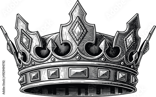 Vintage hand drawn royal king crown with diamond gems and jewelry detail black and white woodcut style engraving for heraldry and tattoo design