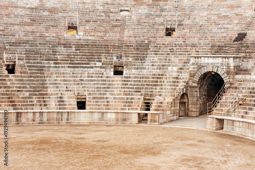 Limestone steps inside ancient Roman Arena di Verona, an ancient Roman amphitheater famous for opera performances located in the historic center of Verona, Italy