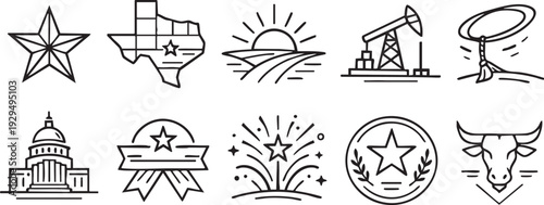 Collection of black and white line icons representing various symbols commonly associated with the state of Texas culture and industry.