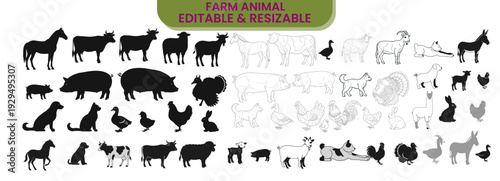 Large collection of farm animals in silhouette and outline, including livestock and poultry for agricultural design