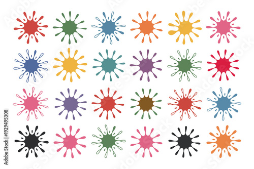 Assorted liquid paint splatter shapes in diverse colors for artistic design projects and creative backgrounds isolated on transparent background