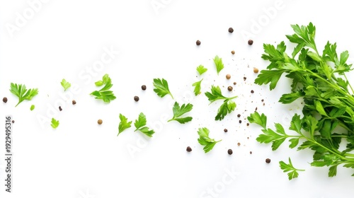 Fresh Parsley: A vibrant bundle of fresh parsley, with scattered peppercorns, arranged against the bright background, evoking the essence of natural culinary ingredients