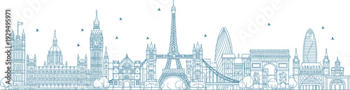 Blue line art European city skyline panorama featuring London Big Ben, Tower Bridge, Paris Eiffel Tower, Arc de Triomphe, and famous architectural landmarks for travel and tourism.
