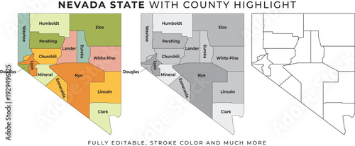 Quadro su tela Nevada state map with county highlight and outline illustration