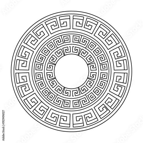 An intricate greek key pattern on a circular design with three concentric rings.