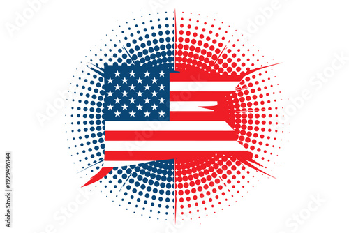 Shattered american flag explosion graphic with halftone sunburst effect for dynamic patriotic background and creative national identity icon