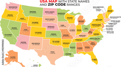 Usa map with state names and zip code ranges colorful illustration