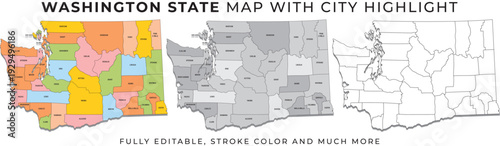 Washington state map with city highlights and colorful vector illustrations