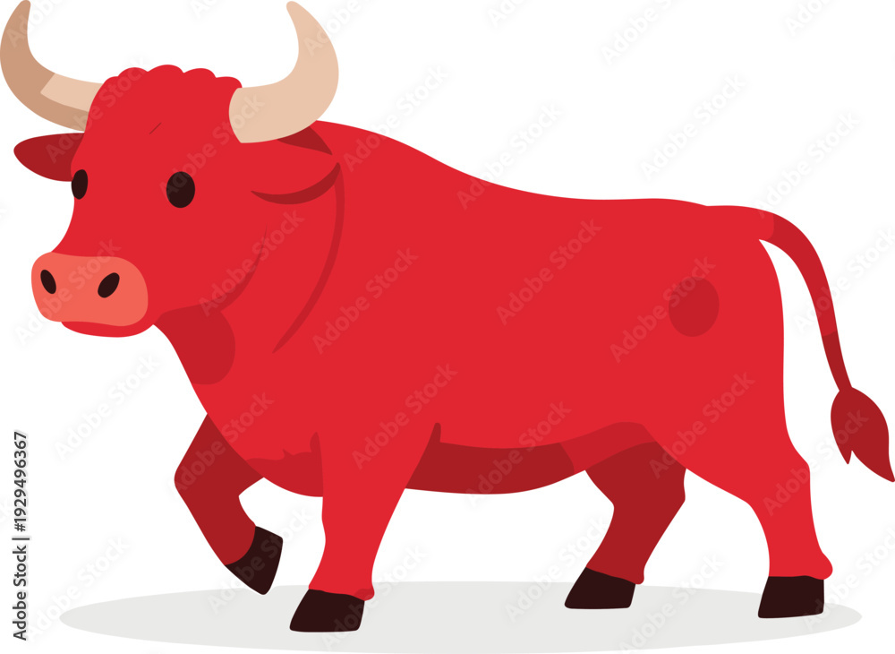 Fototapeta premium Cartoon red bull with tan horns walks across a white surface