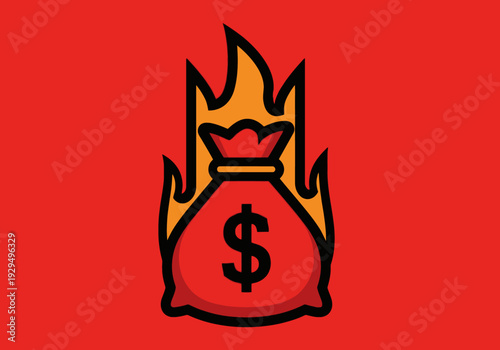 Money Bag On Fire Symbolizing Financial Loss.