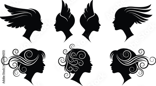 Elegant female profile silhouette collection with creative hairstyle designs, winged and ornamental hair black vector illustration isolated on white background for beauty branding