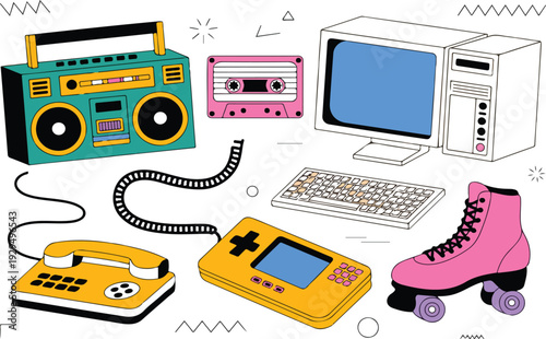 Retro Technology and Vintage Gadgets Illustration Set with Cassette Player Computer Game Console and Mobile Devices