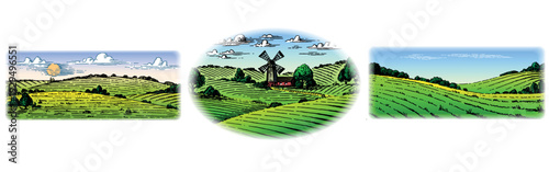 Rustic meadow hand drawn village landscape illustrations with fields and windmill. Beautiful scentic view for milk, cheese farm products. Eco food.