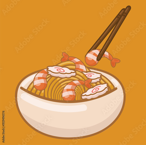 Illustration of ramen noodles with shrimp and fish cake toppings
