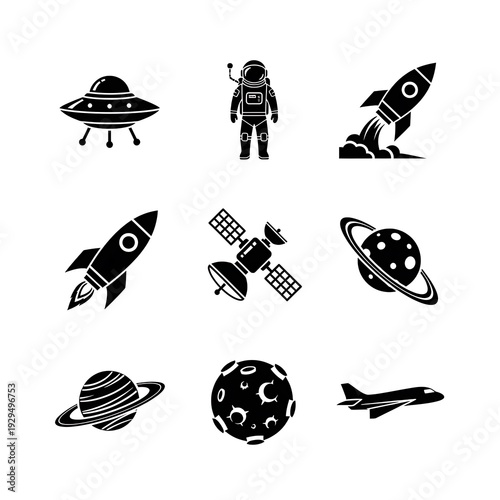 A collection of space-themed icons including planets, rockets, and astronauts.
