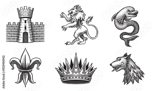 Heraldic tower, lion and wolf with crown, dolphin for coat of arms design and shield. Hand drawn engraving in old traditional medieval style, modern made element for family symbols and logo templates