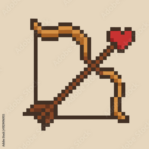Pixel art heart arrow and bow design on light beige background