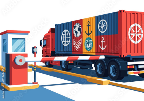 Truck with shipping container passing through customs checkpoint.