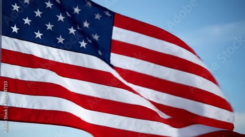 American Flag Waving Against Clear Blue Sky – Symbol of Patriotism
