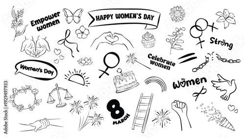 International Women's Day Doodle Element Set: Hand-Drawn Black Outline Icons for Female Empowerment, March 8th Celebration, and Feminist Symbols.