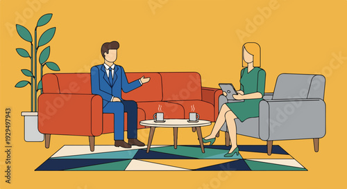 Two professionals in a modern office setting, discussing business over coffee, with a plant and abstract rug.