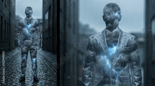 Two futuristic cybernetic figures with glowing electric blue energy lines stand in a moody alley, illustrating advanced technology, digital augmentation, and sci fi innovation
