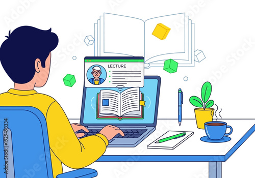 Student learning online via laptop computer at desk.