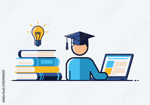 Student Studying Online With Books And Laptop.