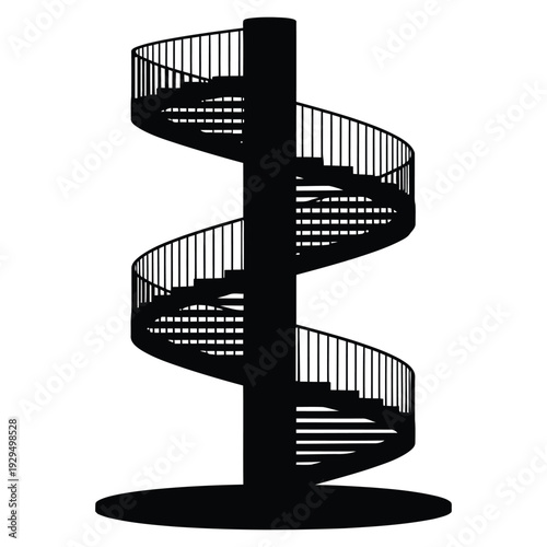 Modern spiral staircase in sleek black silhouette on white background