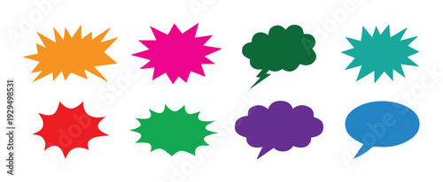 Comic speech bubbles and starburst shapes vector set, colorful pop art dialog clouds and explosion badges collection.