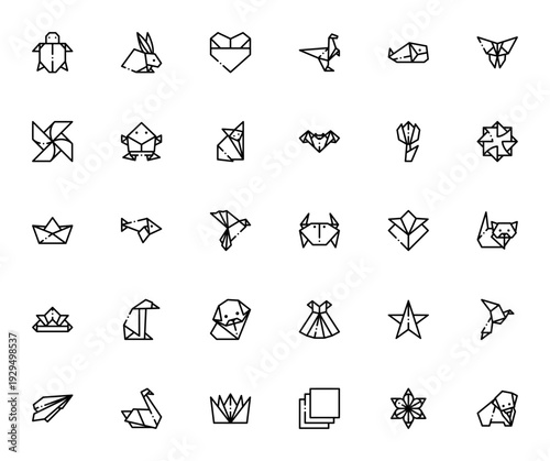 Origami icon set. Vector paper folding collection. Includes tortoise, rabbit, heart, dinosaur, whale, butterfly, fox, bird, swan, elephant and more. Editable line art.