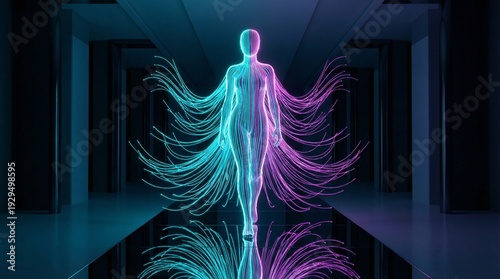Futuristic neon holographic human figure walking through a dark corridor with flowing energy strands trailing from the body, creating a sci fi concept art scene in blue light