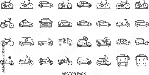 Collection of minimalist outline icons representing various modes of transportation including bicycles electric cars scooters motorcycles trucks and city buses for eco friendly mobility concepts