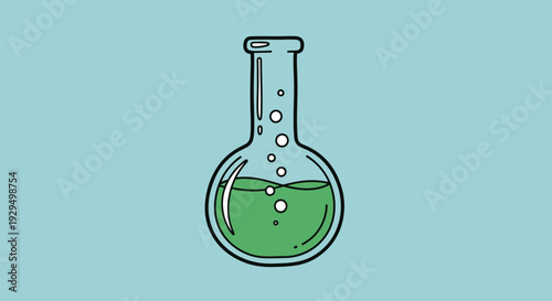 Laboratory Flask with Bubbling Green Liquid on Light Blue Background