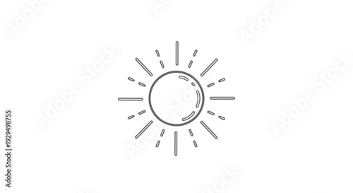 Minimalist Outline Sun with Rays on Isolated White Background
