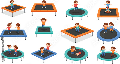 Set of flat vector illustrations featuring happy children jumping and playing on colorful round and square trampolines, perfect for kids fitness, backyard fun, and active lifestyle themes.