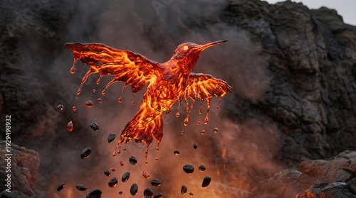 Fiery phoenix soaring above volcanic rocks as molten sparks trail from blazing wings in a dramatic fantasy scene of lava, smoke, and ash against a dark rugged cliff backdrop