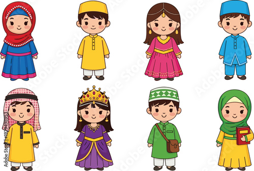 Cute Muslim Kids in Traditional Islamic Clothing Collection Cartoon Flat Vector Illustration Set