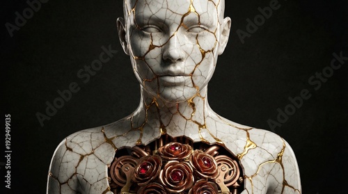 Surreal sculpture of a pale female figure with porcelain skin revealing a mechanical chest filled with red roses, gold veins, and circuitry symbolizing vulnerability and rebirth