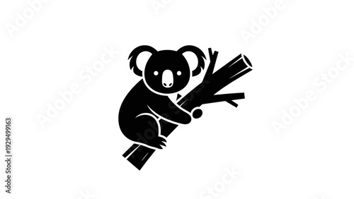 Cute black silhouette of a koala bear holding a branch, isolated white background.