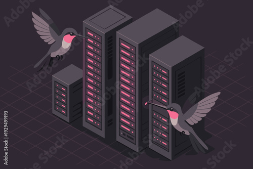 Hummingbirds interacting with modern servers in a digital landscape
