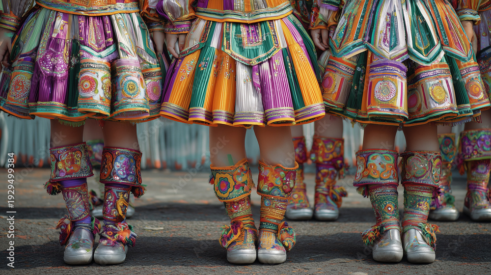 Fototapeta premium Festival Abare, Traditional Dancers Wearing Colorful Embroidered Skirts Performing at Abare Festival Parade