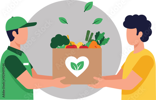 Isometric illustration of eco-friendly food delivery service showing worker handing organic produce box with vegetables, fruits, sustainability heart logo, and green leaves background design