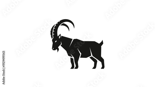 Black Silhouette of an Ibex or Mountain Goat on Isolated White Background, Portraying Wild Strength