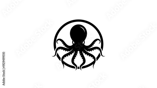 Stylized Black Octopus Sea Creature Silhouette, Isolated White Background