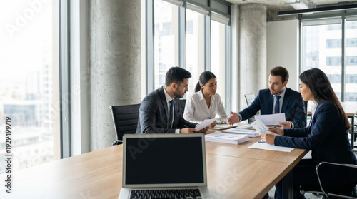 Multiracial office colleagues reviewing financial documents and charts on a meeting table with a laptop, corporate analysis and teamwork in a modern workspace.
