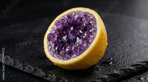 Half lemon filled with vivid purple amethyst crystals, bright yellow rind contrasting against a dark surface, macro photography of a citrus geode centerpiece with mineral sparkle