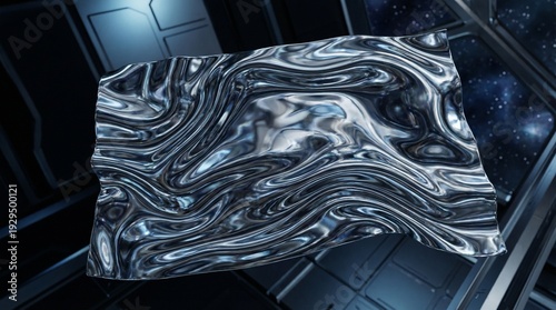 Abstract metallic swirl artwork suspended in a futuristic dark backdrop, depicting flowing silver liquid patterns, reflective surfaces, and a sense of dynamic movement in space