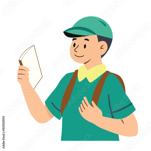 Boy with Backpack Reads Book Outdoors on a White Background Illustration